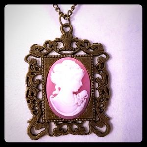 New! Handcrafted 18” Lady Rose Pink Cameo Necklace